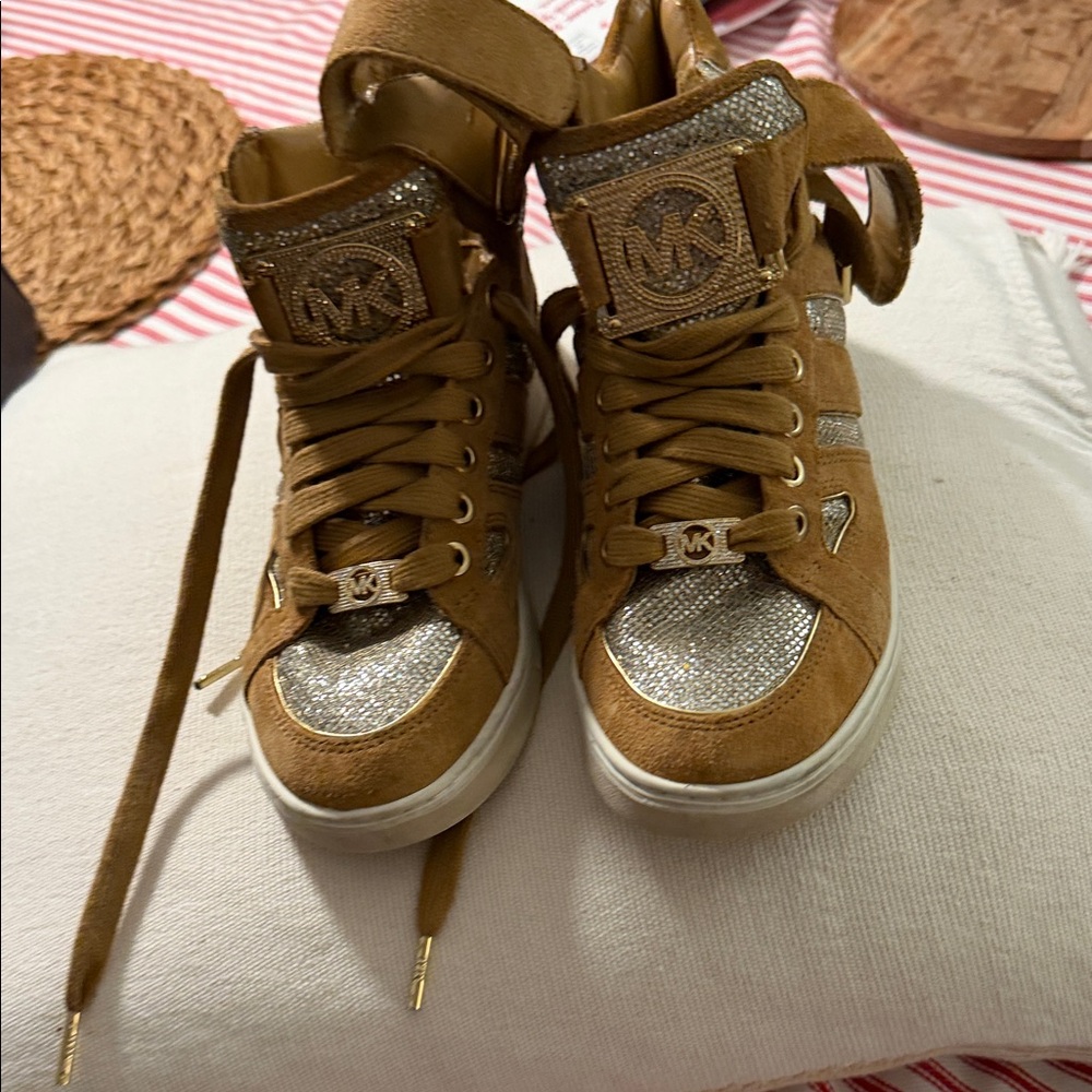 Michael Kors Tan and Silver Glitter Sneakers